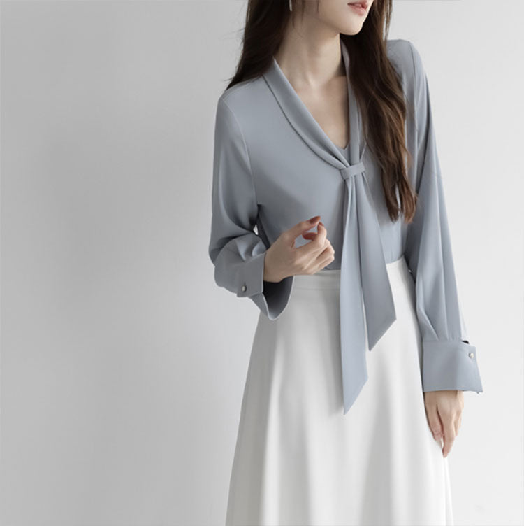 Design streamer collar long-sleeved shirt women's 2023 spring new V-neck pullover temperament commuter shirt