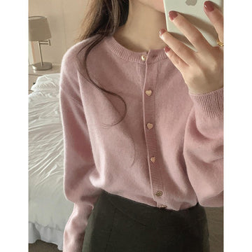 Sweet and gentle love button pink sweater cardigan women's loose Korean spring clothes with short knitted jacket top