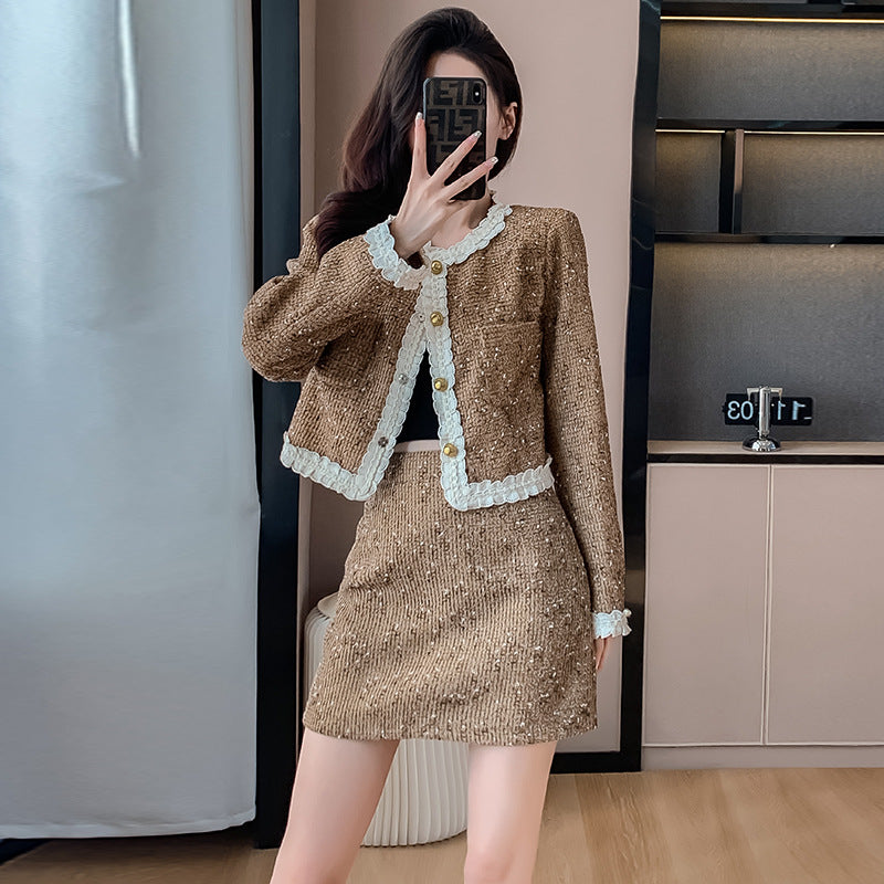 French small fragrant style set 2024 autumn new high-end coat women's clothing design sequined skirt two-piece set