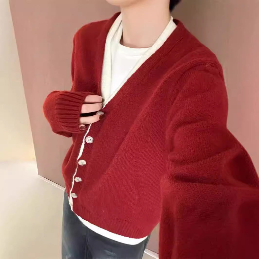 Autumn and winter contrasting colors V-neck fake two-piece knitted cardigan women's Korean version loose lazy style design sense versatile sweater jacket