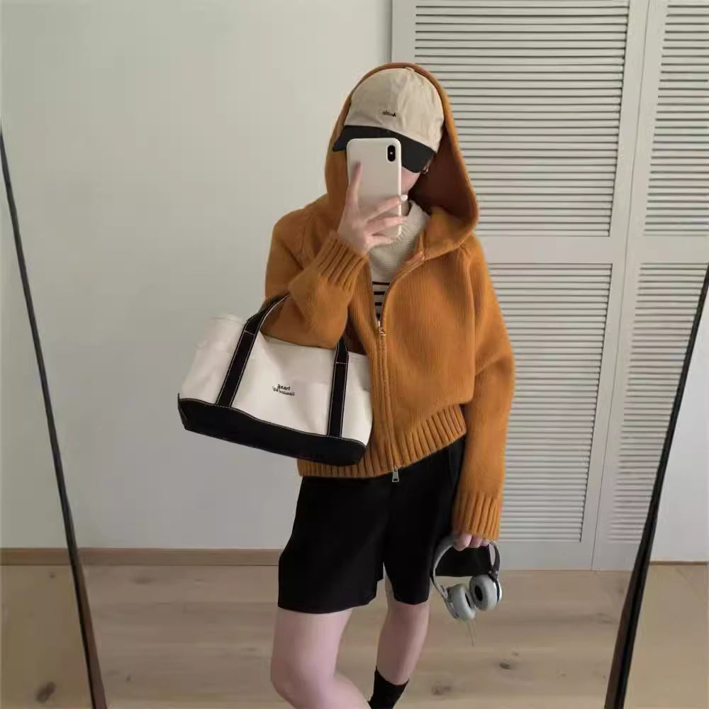 Lazy wind solid color double zipper hooded knitted cardigan women's autumn and winter new loose short versatile sweater jacket tide