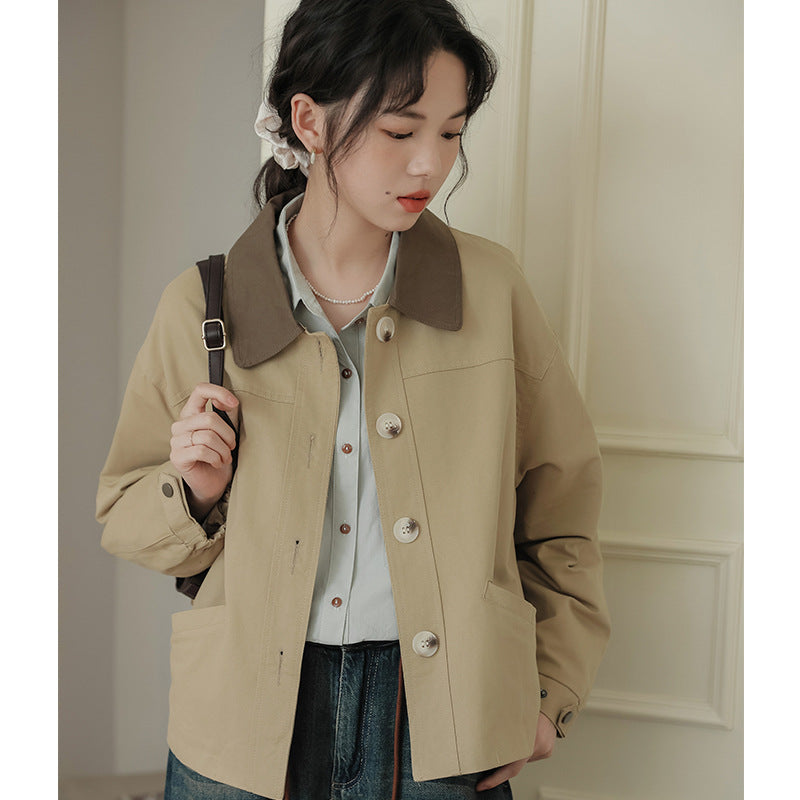 Real shot 2024 autumn new Japanese contrasting color lapel small short trench coat women's Hong Kong style casual jacket