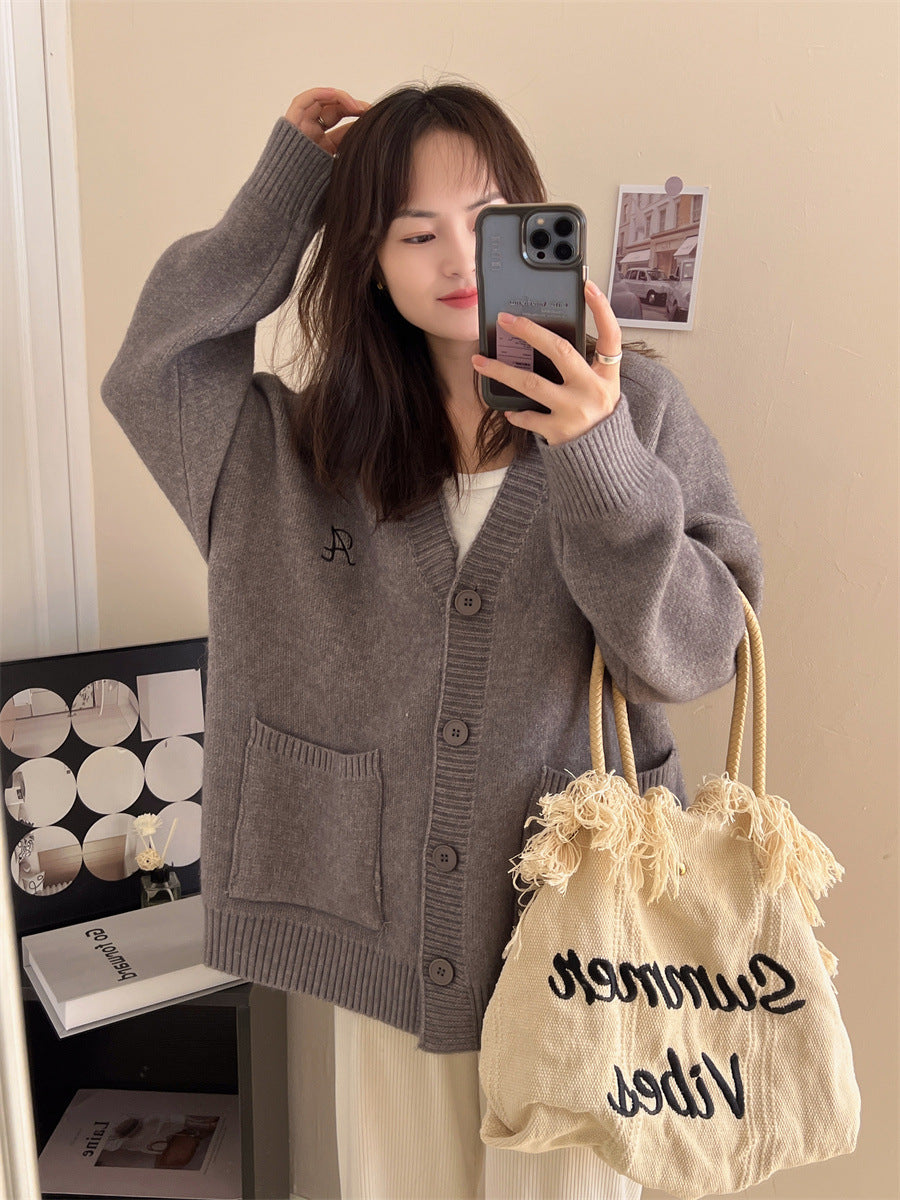 Korean lazy style loose big version sweater jacket women's 2024 spring new big pocket knitted cardigan top tide